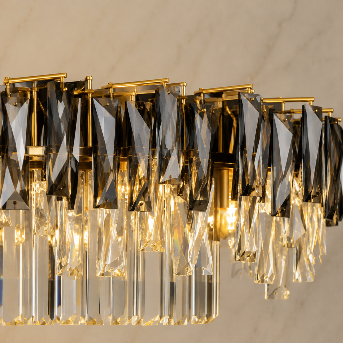 contemporary gold smoky crystal rectangular chandelier body detail