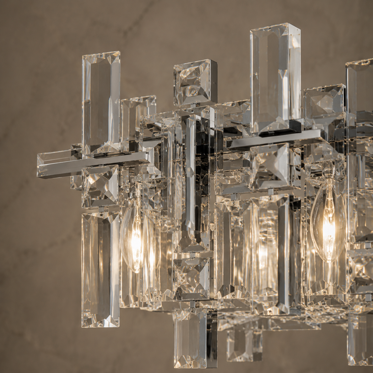modern chrome crystal linear chandelier body detail