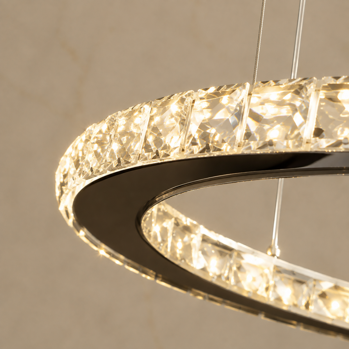 modern chrome crystal six ring staircase chandelier body detail