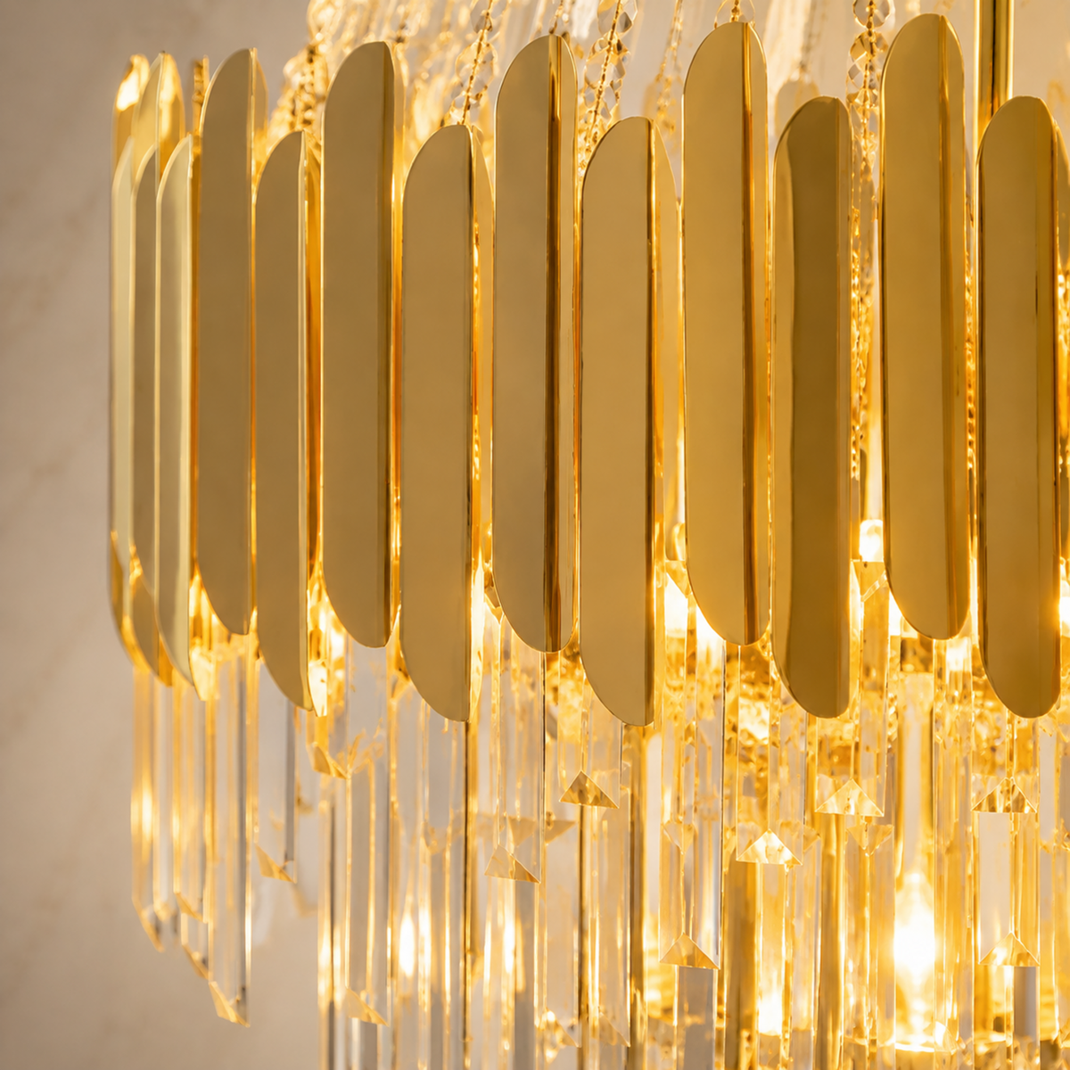 modern gold crystal tiered round chandelier body detail