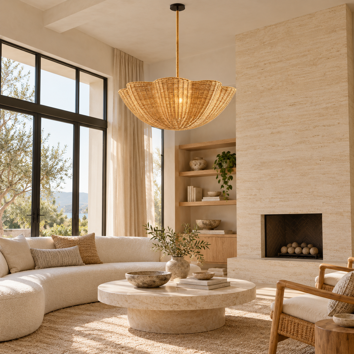 Calira natural rattan scalloped chandelier, living room scene | CARRA HOME