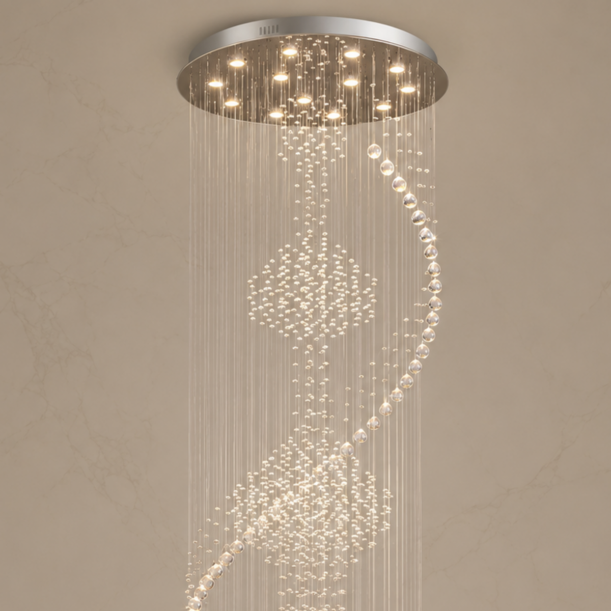 modern chrome crystal spiral staircase chandelier ceiling canopy detail