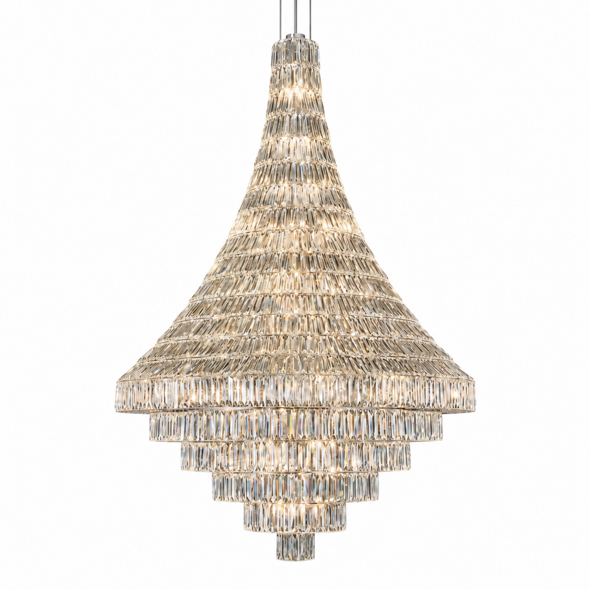 luxury chrome crystal tapered tiered chandelier white background