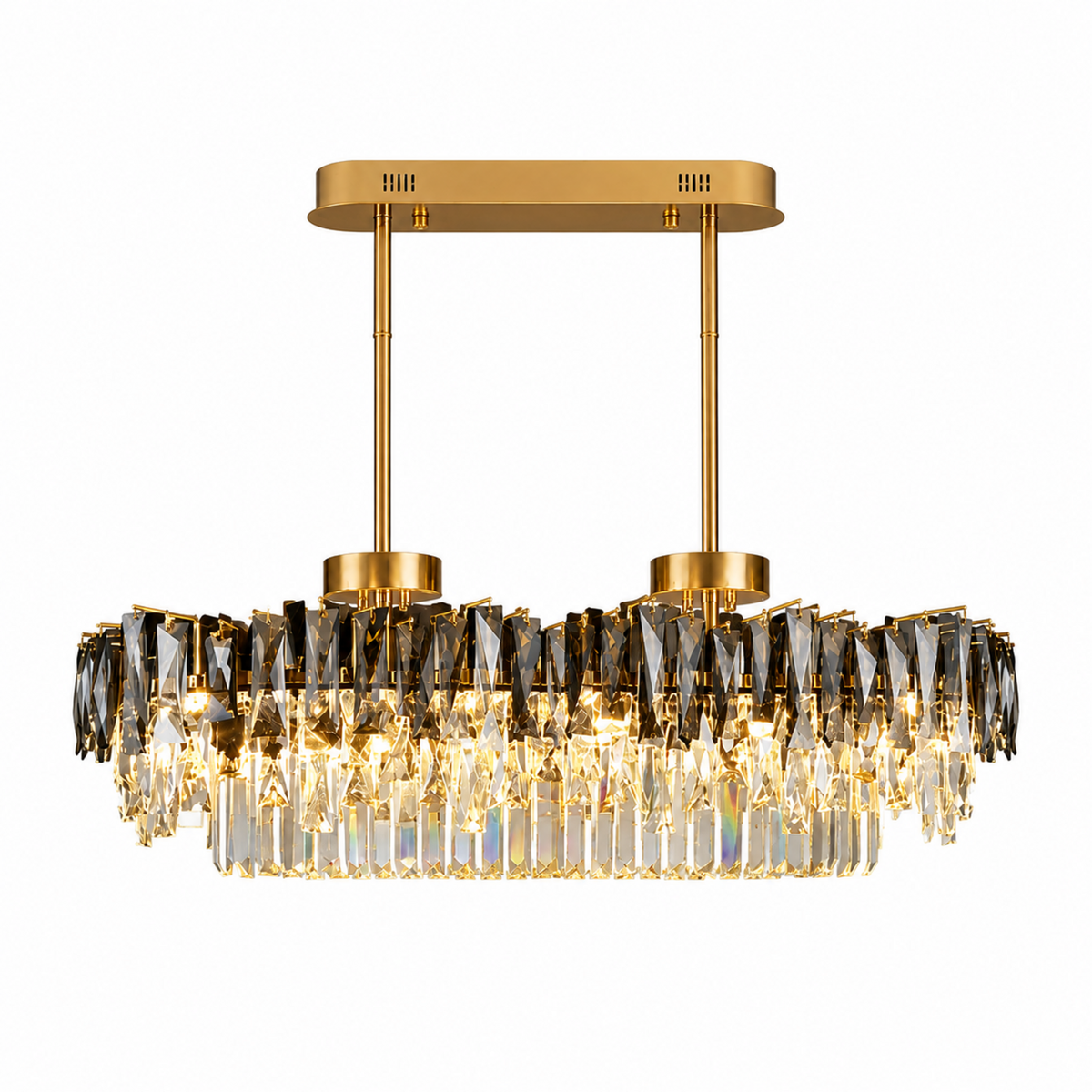 contemporary gold smoky crystal rectangular chandelier size 2 white background