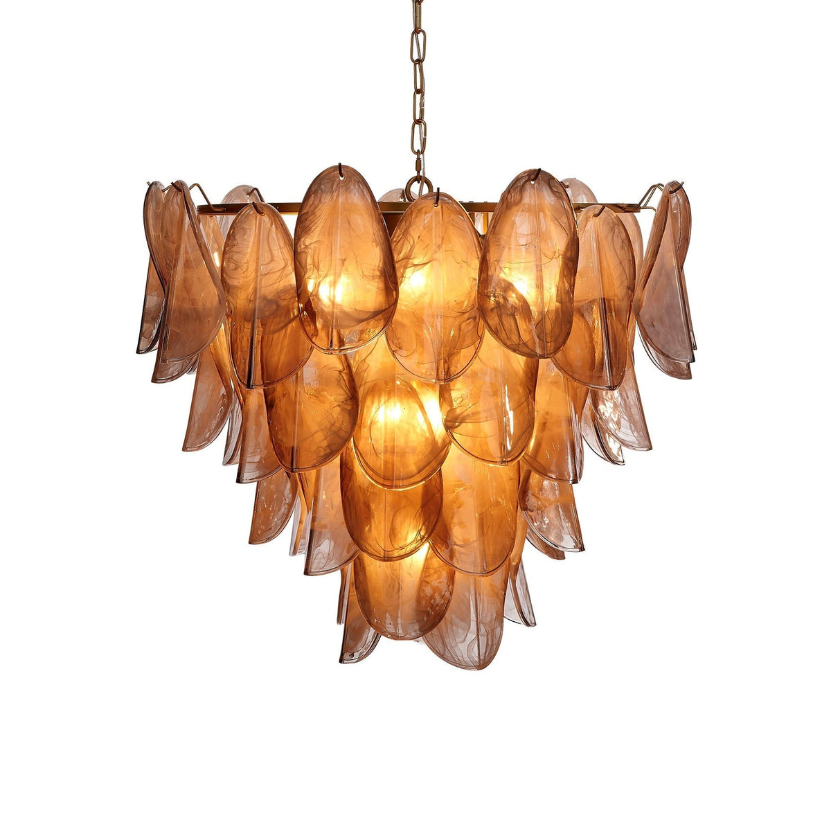 Magnolia taupe glass petal chandelier front view illuminated | CARRA HOME