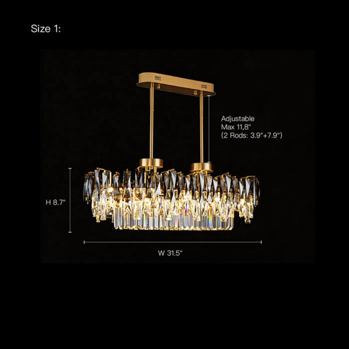 size contemporary gold smoky crystal rectangular chandelier size 1