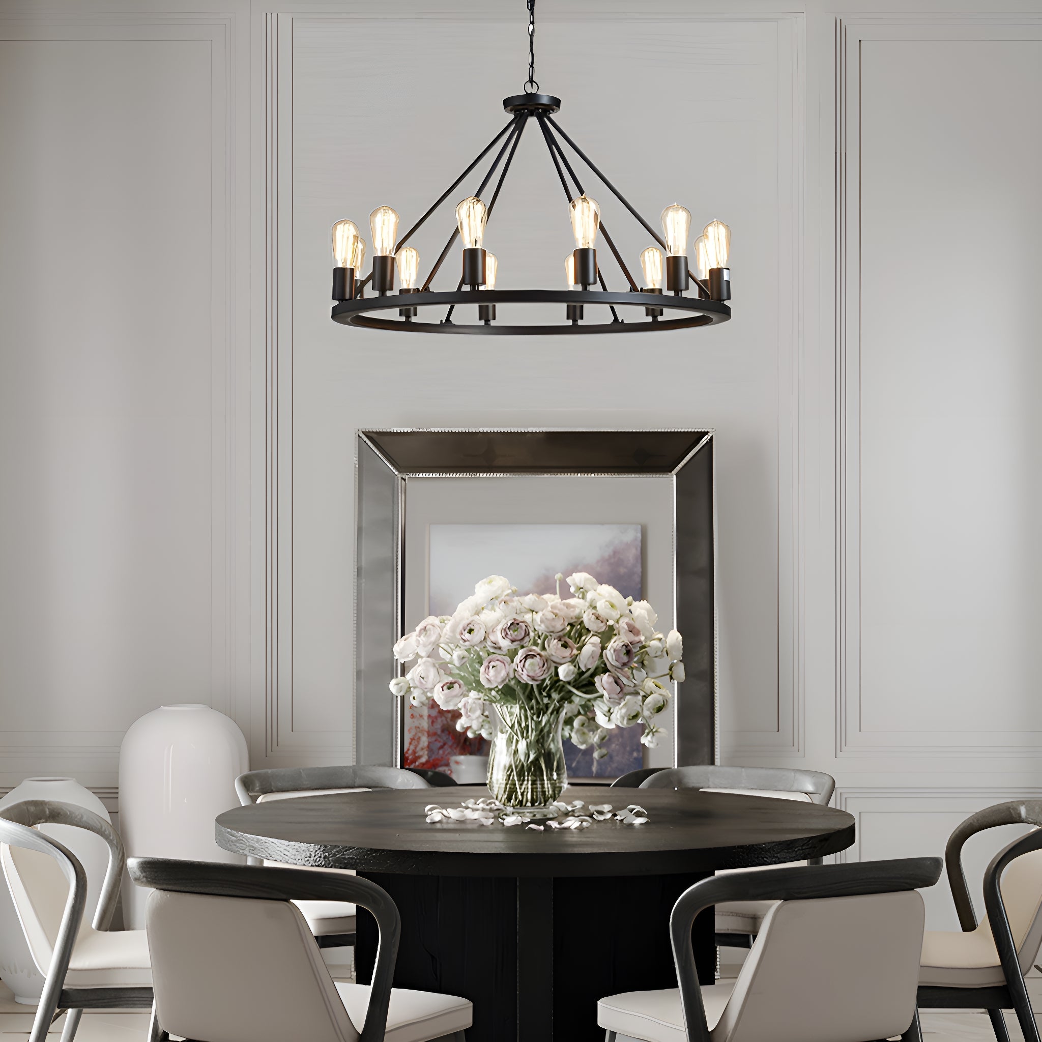 12 Lights Wagon Wheel Chandelier Black Round Globe Wrought Iron Pendant Lights  dining room-1 | Sofary Lighting