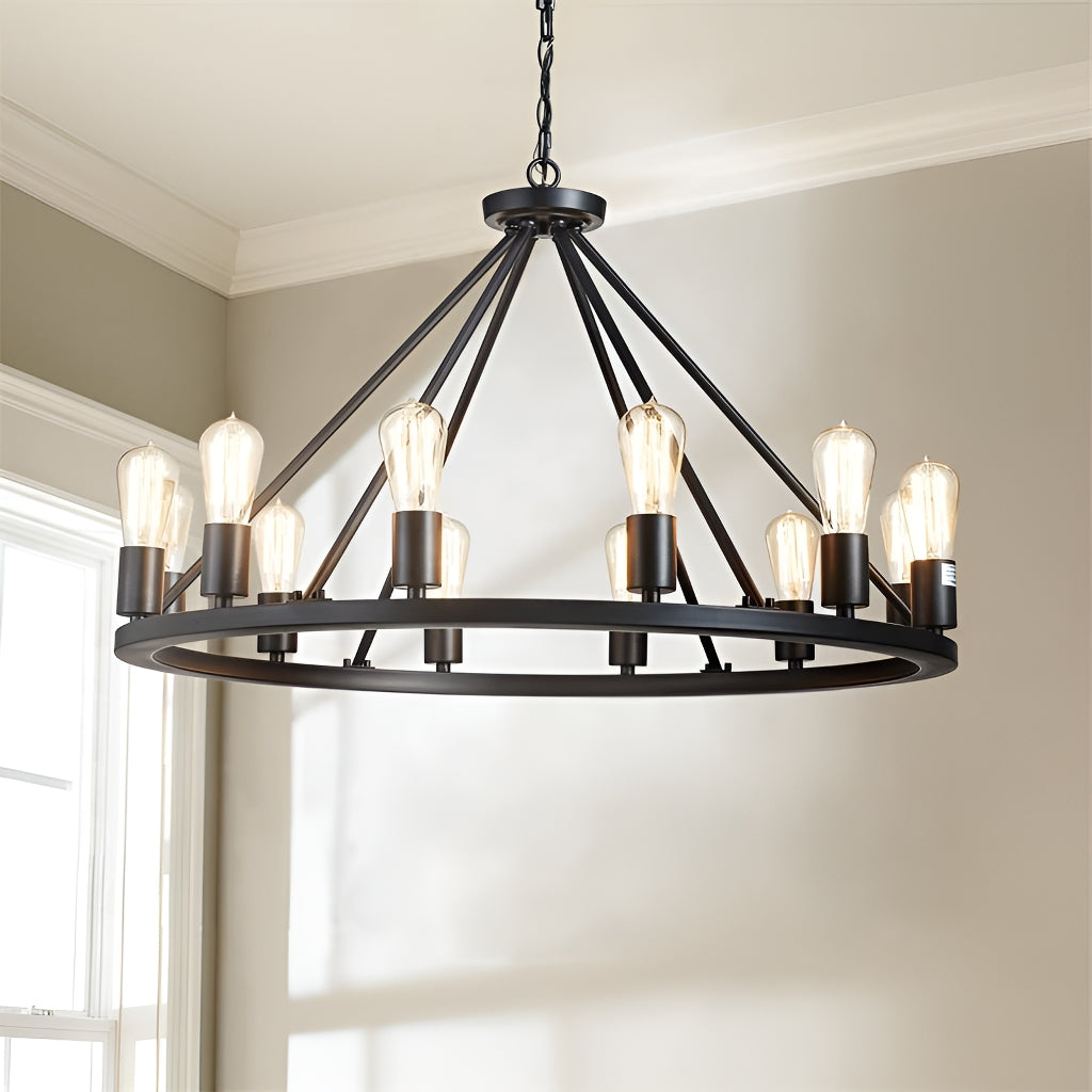 12 Lights Wagon Wheel Chandelier Black Round Globe Wrought Iron Pendant Lights front-view | Sofary Lighting