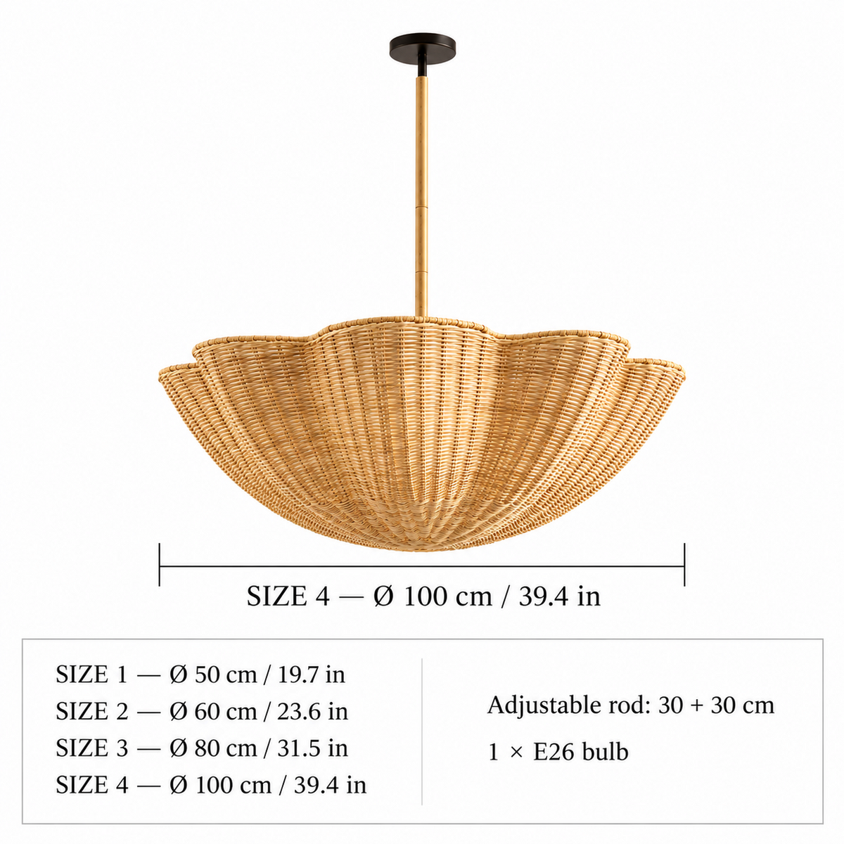 Calira natural rattan scalloped chandelier, four diameter size chart | CARRA HOME