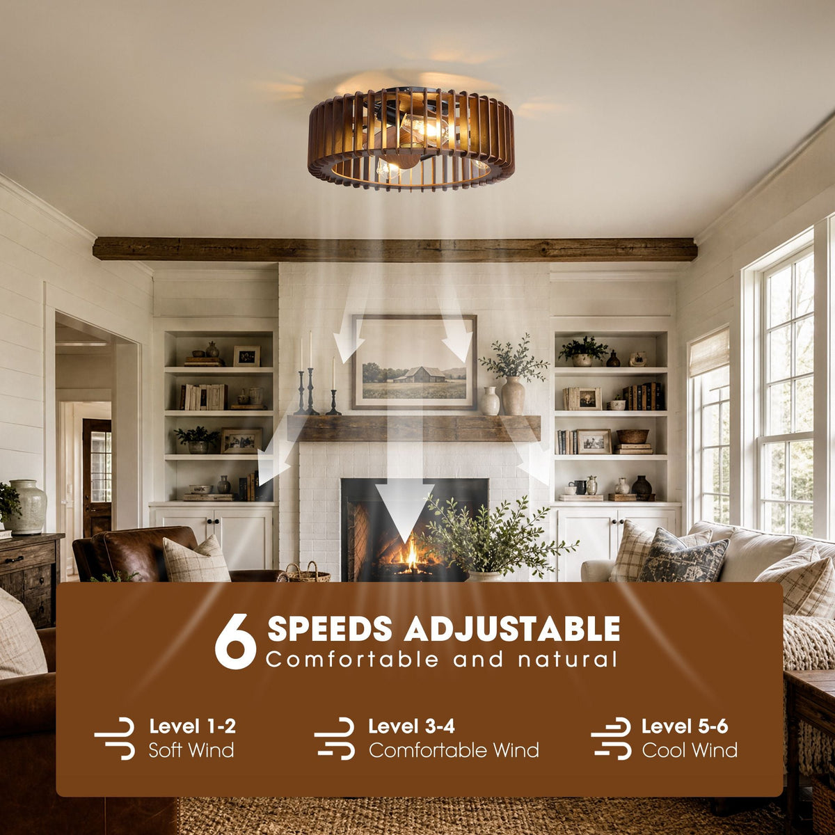 Industrial caged ceiling fan 6 speed adjustable — Level 1-2 soft wind, Level 3-4 comfortable wind, Level 5-6 cool wind, cozy farmhouse living room with fireplace, bookshelf, sofa, and window | CARRA HOME