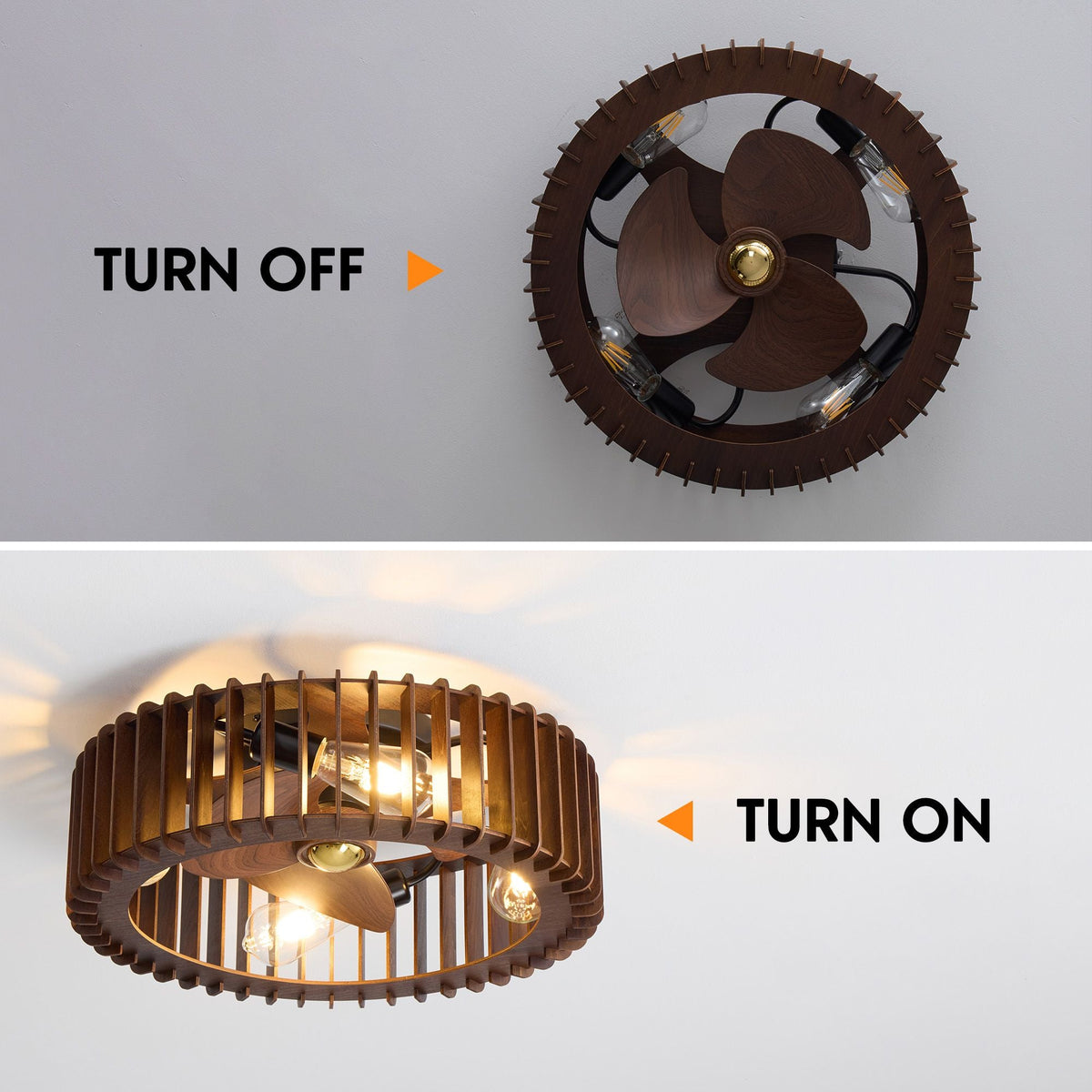 Industrial caged ceiling fan turn off vs turn on — left fan off with dark wood cage and exposed bulbs, right fan on with warm Edison bulb glow, farmhouse bedroom wall sconce scene | CARRA HOME