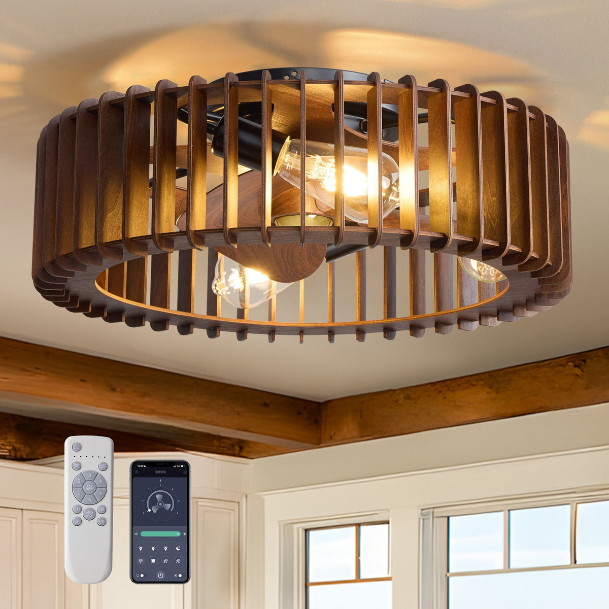 19.6" Industrial Caged Flush Mount Ceiling Fan with Light — dark wood cage, matte black metal frame, 4 vintage Edison bulbs, flush mount design, farmhouse wood beam ceiling, remote and app control icons | CARRA HOME