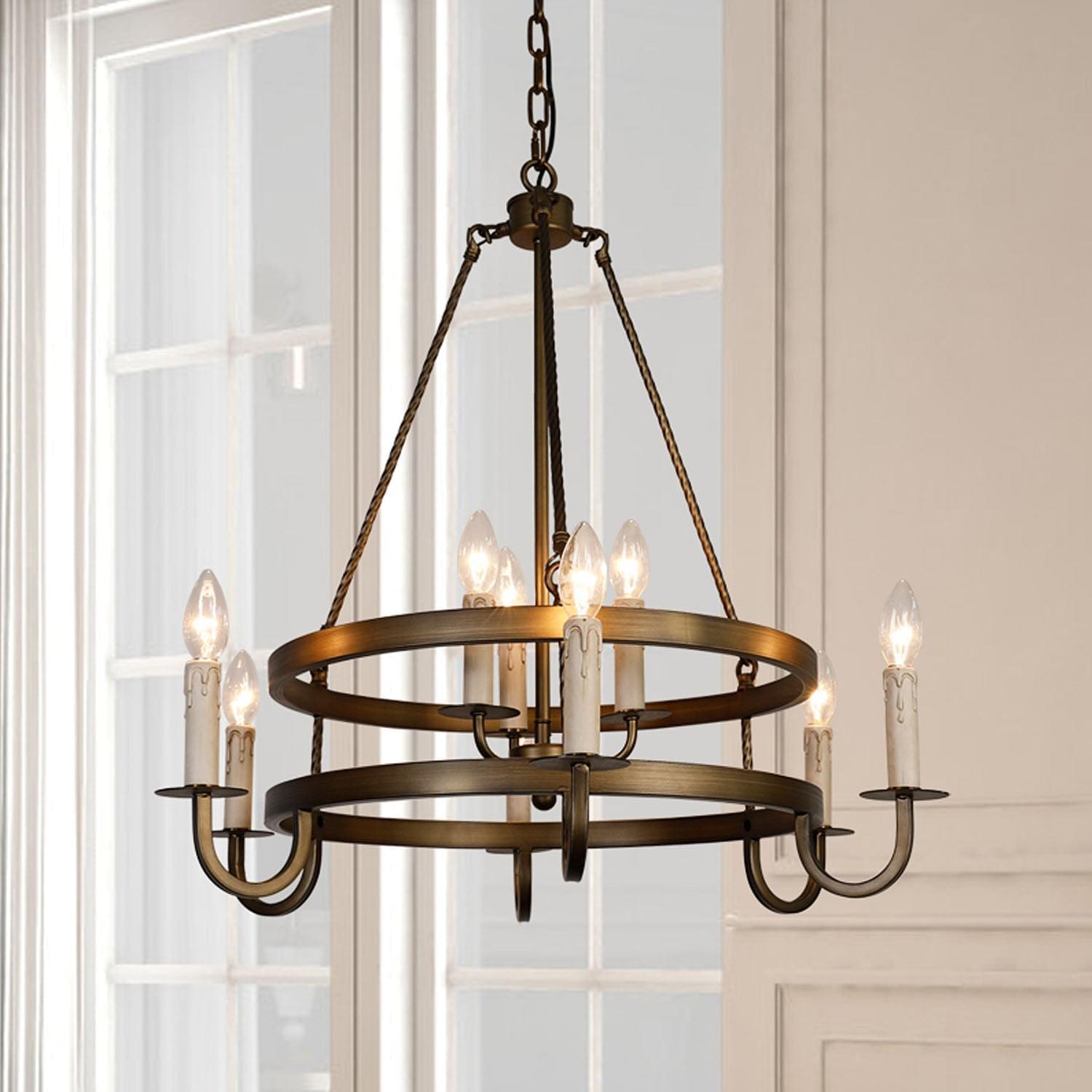 【Open Box - Big Discount】2-Tier Bronze Wagon Wheel Chandelier