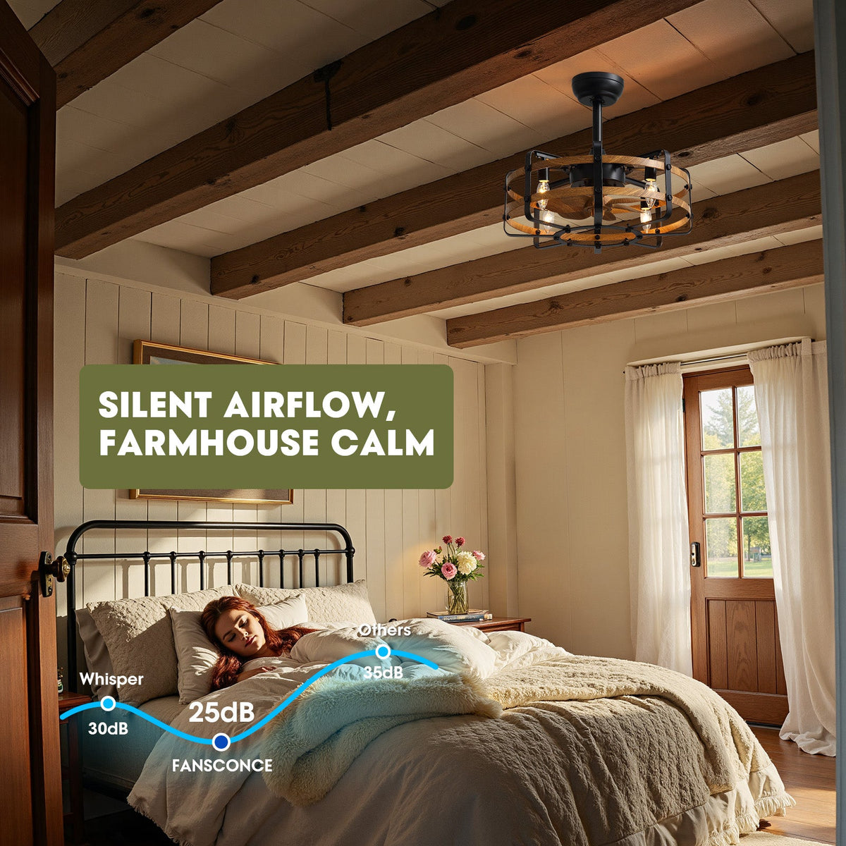 Silent airflow farmhouse ceiling fan — only 25dB noise level vs others 35dB, whisper 30dB comparison, sleeping woman in bedroom, wood beams, "Silent Airflow, Farmhouse Calm" text | CARRA HOME