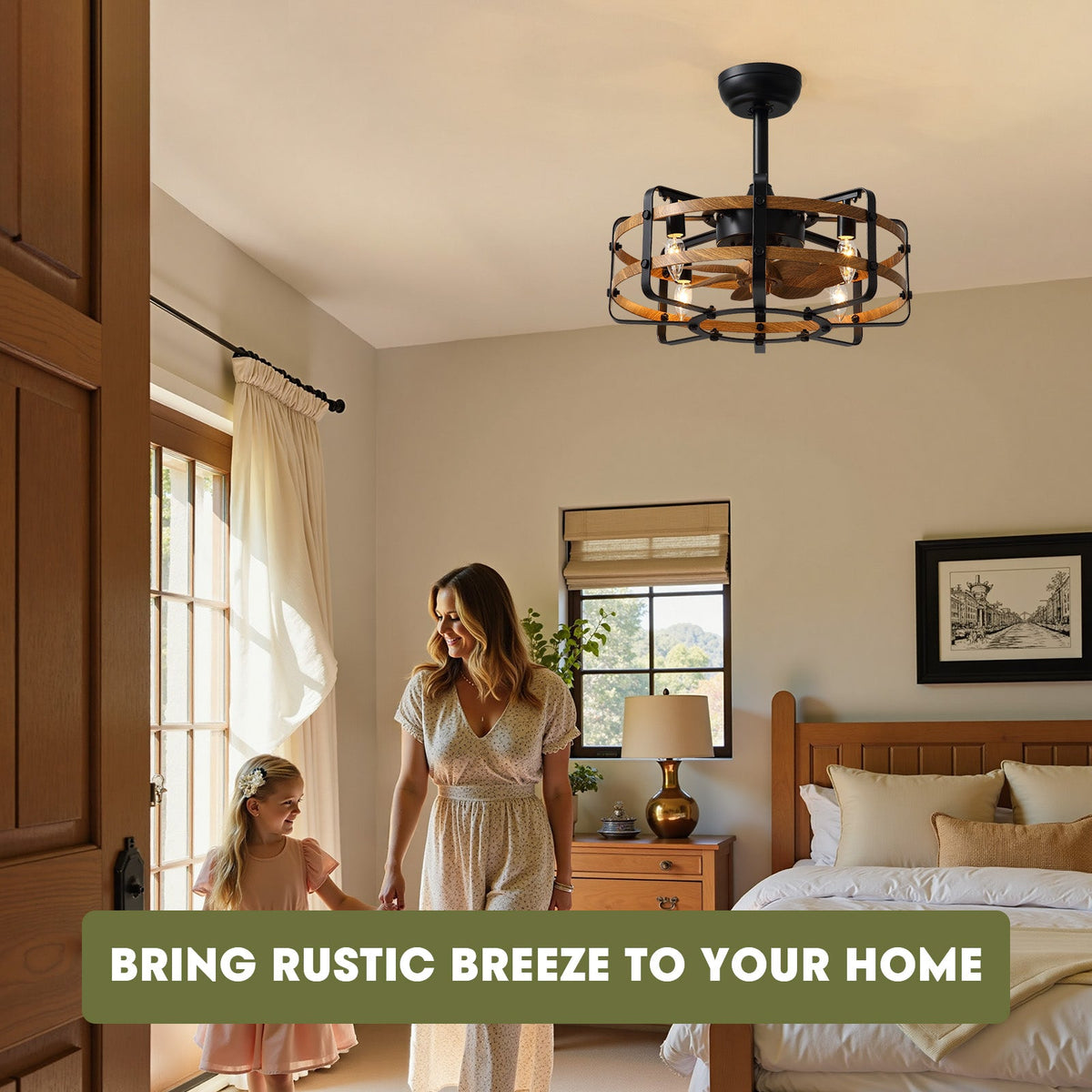 Farmhouse caged ceiling fan in bedroom — wood beam ceiling, warm glow, mother and child entering room, "Bring Rustic Breeze to Your Home" text, cozy rustic decor | CARRA HOME