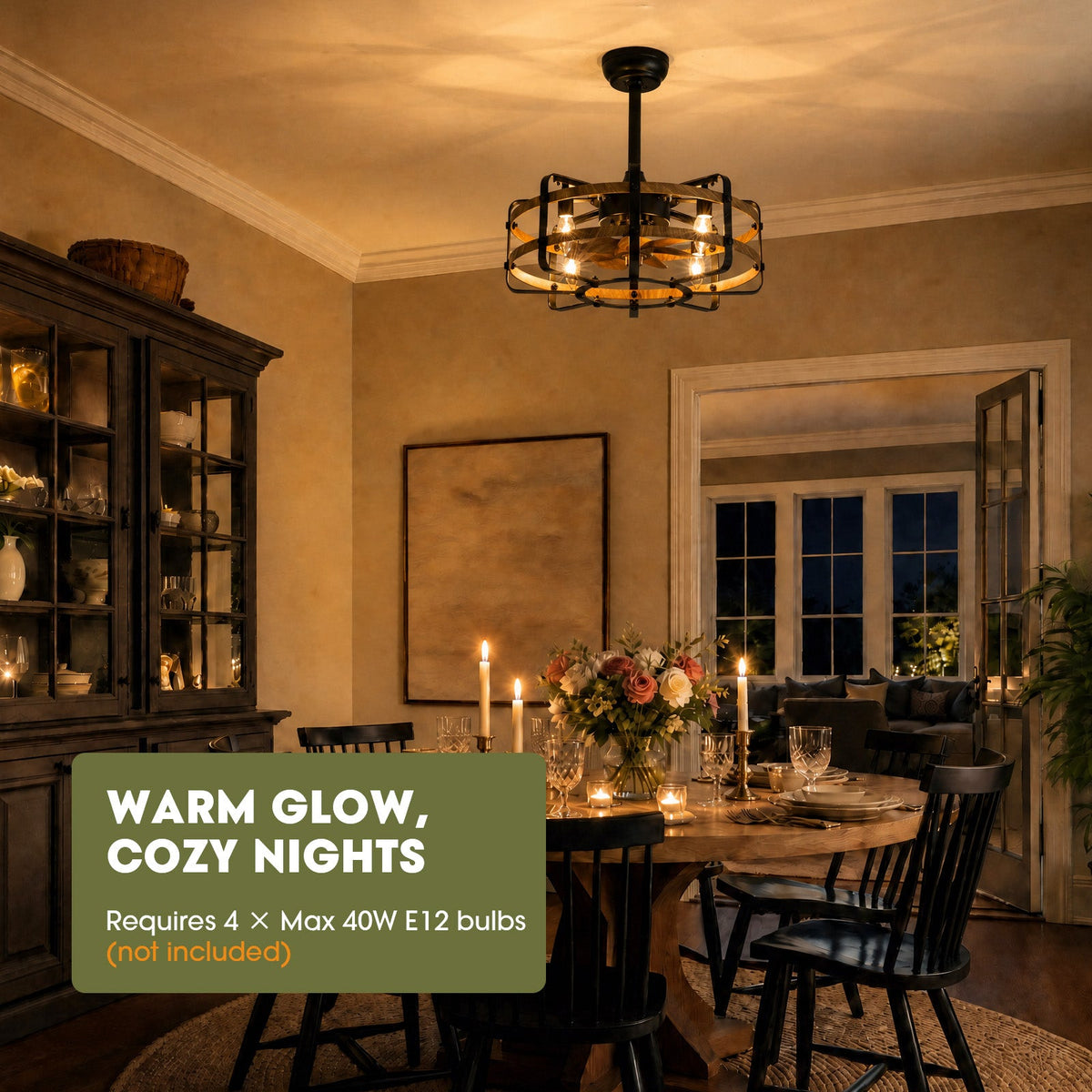 Farmhouse caged ceiling fan in dining room — warm glow cozy nights, requires 4x Max 40W E12 bulbs (not included), round wood table, black chairs, candles, dark wood cabinet, evening ambiance | CARRA HOME