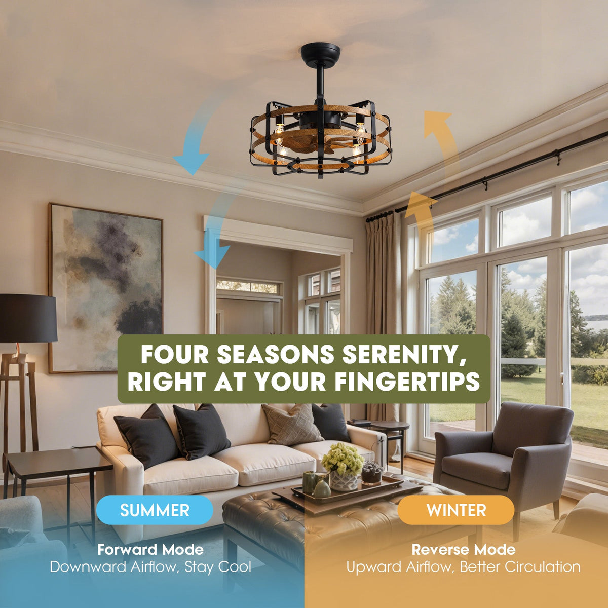 Reversible farmhouse caged ceiling fan — summer forward mode downward airflow stay cool (blue arrows), winter reverse mode upward airflow better circulation (orange arrows), four seasons serenity, living room scene | CARRA HOME