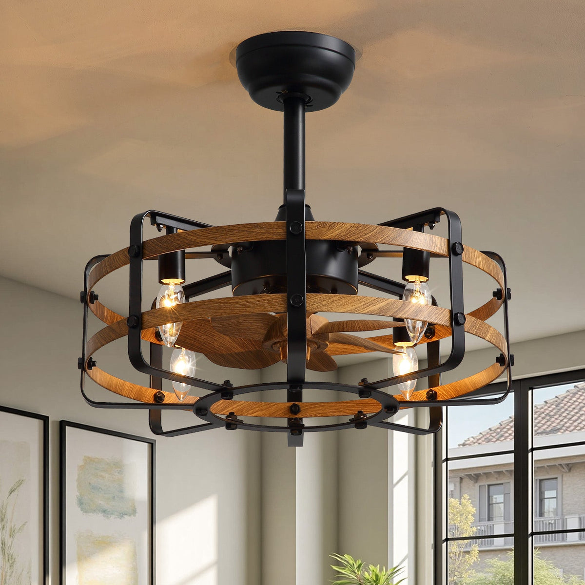 20.1" Farmhouse Wood Grain Caged Ceiling Fan with Light — matte black metal cage, wood grain rings, 4 vintage E12 bulbs, downrod mount, rustic industrial design, warm glow | CARRA HOME