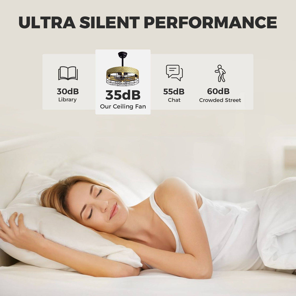 Ultra silent boho ceiling fan performance — 35dB low noise vs library 30dB chat 55dB street 60dB, quiet sleep bedroom scene | CARRA HOME