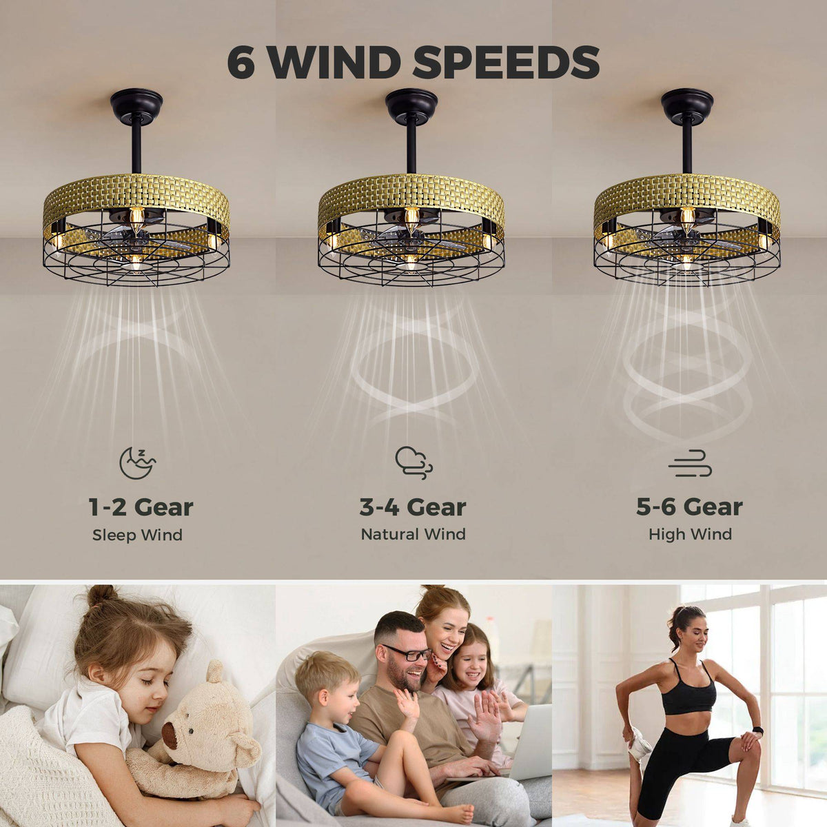 Boho rattan caged ceiling fan 6 wind speeds — 1-2 gear sleep wind, 3-4 gear natural wind, 5-6 gear high wind, family lifestyle scenes | CARRA HOME