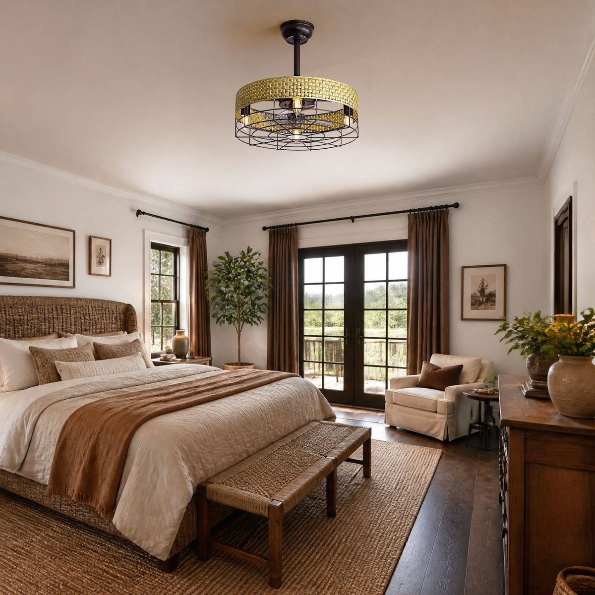 Woven rattan caged ceiling fan in boho bedroom — wicker headboard, wood bench, jute rug, warm neutral tones, arched doors to patio | CARRA HOME