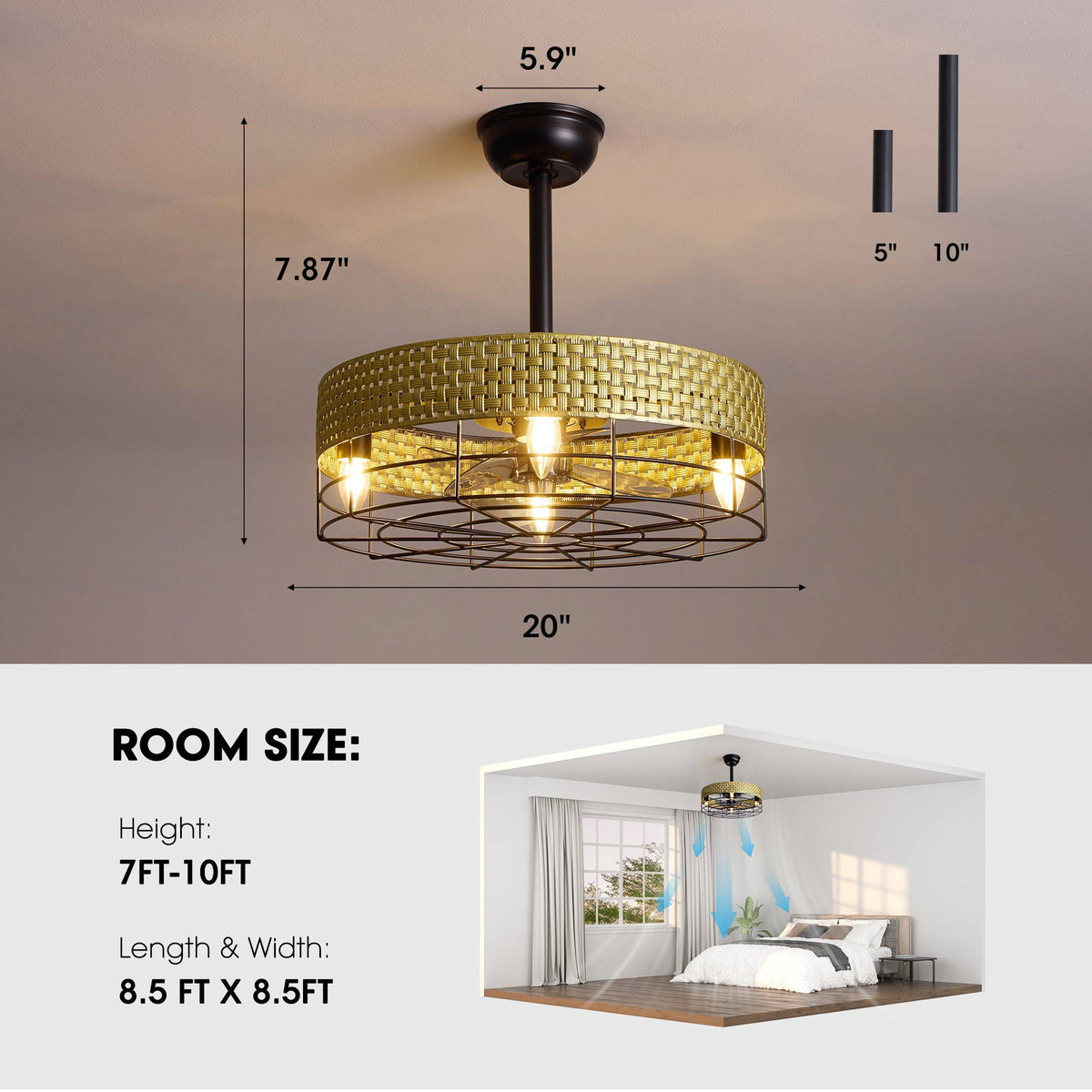20" Boho Woven Rattan Ceiling Fan dimensions — 20" diameter, 7.87" height, 5.9" canopy, downrod options 5" & 10", suitable room height 7-10FT, room size 8.5FT x 8.5FT, airflow diagram | CARRA HOME