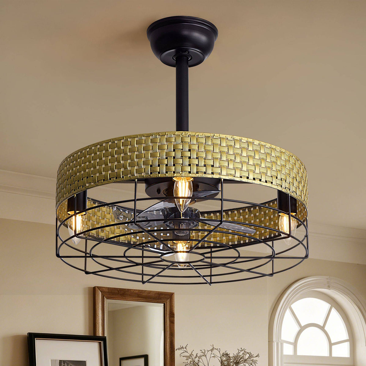 20" Boho Woven Rattan Ceiling Fan with Light — gold woven rattan shade, black metal cage, vintage Edison bulbs, enclosed blades, farmhouse coastal style | CARRA HOME