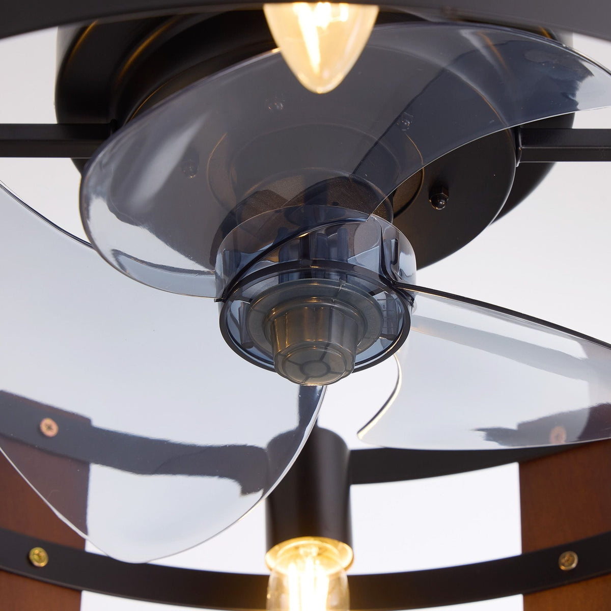 Close-up of enclosed fan blades and motor — translucent blades, glossy black motor hub, caged ceiling fan detail | CARRA HOME