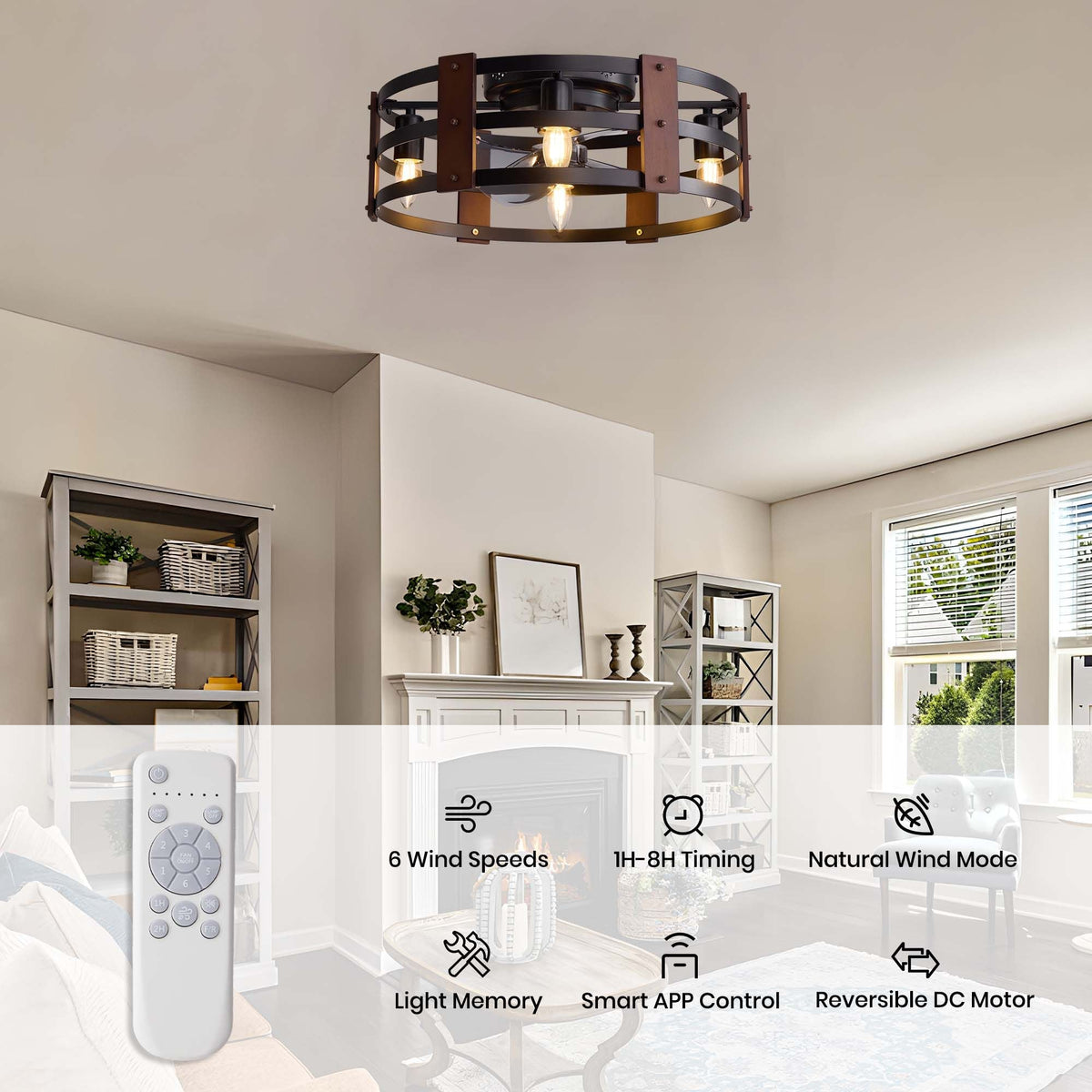 20" Caged Ceiling Fan features — 6 wind speeds, 1H-8H timing, natural wind mode, light memory, smart app control, reversible DC motor, remote control, bright living room scene | CARRA HOME