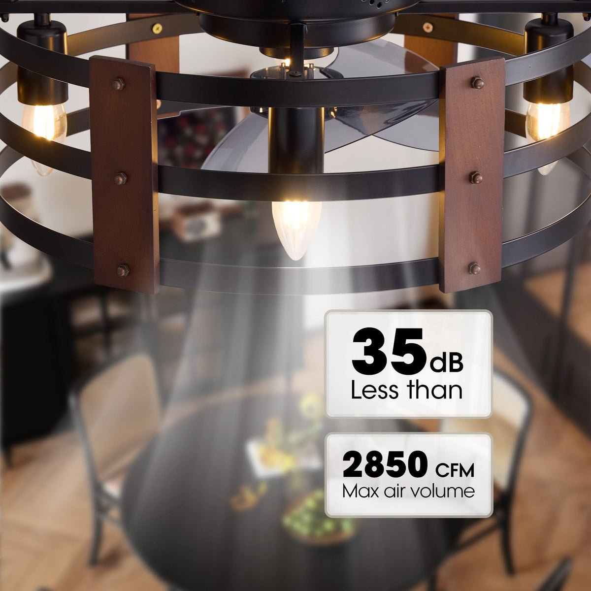 20" Modern Caged Ceiling Fan performance — less than 35dB low noise, 2850 CFM max air volume, DC motor, enclosed blades, wood and black metal cage, dining room background | CARRA HOME