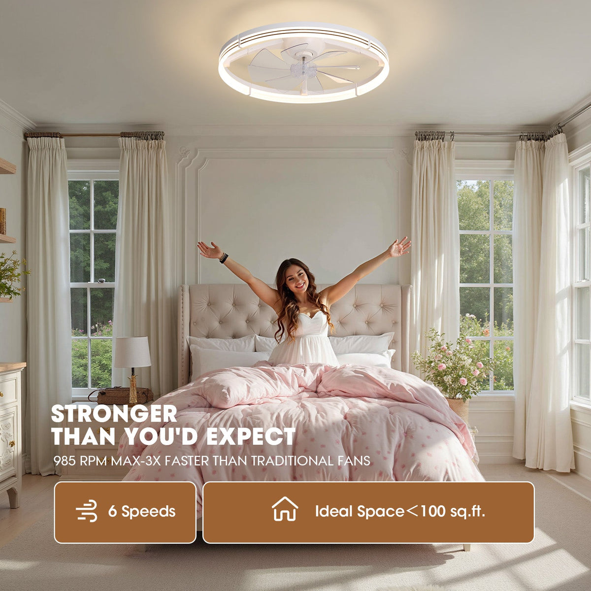 23.6" foldable ceiling fan performance — 985 RPM max, 3x faster than traditional fans, 6 speed settings, ideal space under 100 sq.ft, woman in bright bedroom scene | CARRA HOME