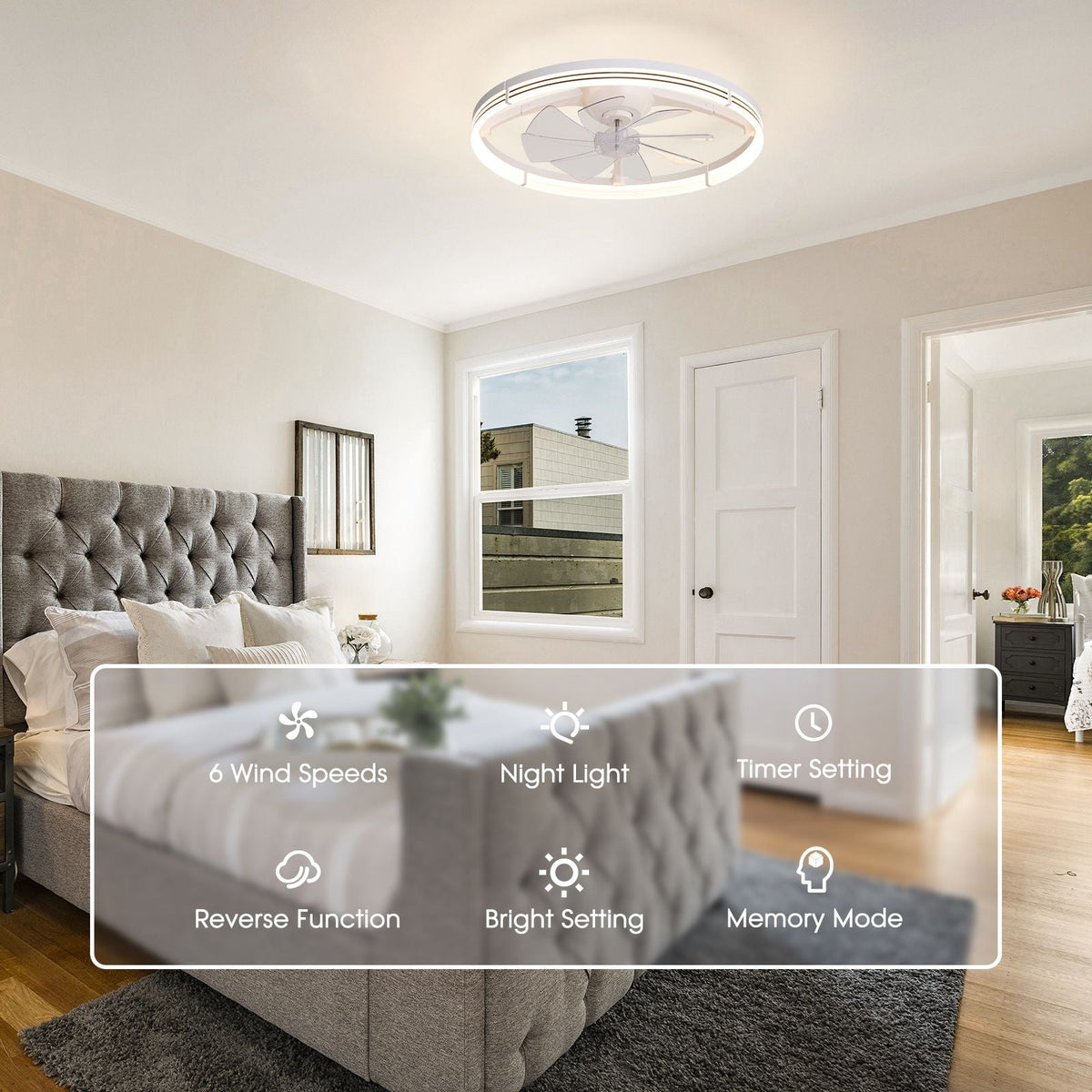 23.6" Modern White Foldable Ceiling Fan features — 6 wind speeds, night light, timer setting, reverse function, bright setting, memory mode, remote control, low profile modern design | CARRA HOME