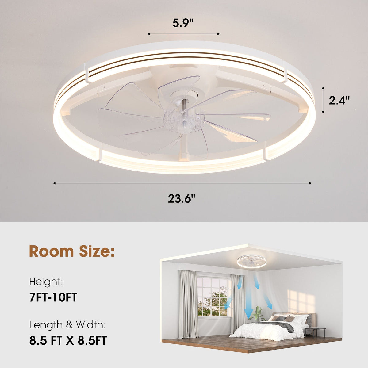 23.6" Modern White Foldable Ceiling Fan dimensions — 23.6" diameter, 2.4" thickness, canopy 5.9", transparent foldable blades, suitable room height 7-10FT, room size 8.5FT x 8.5FT, bedroom airflow diagram | CARRA HOME