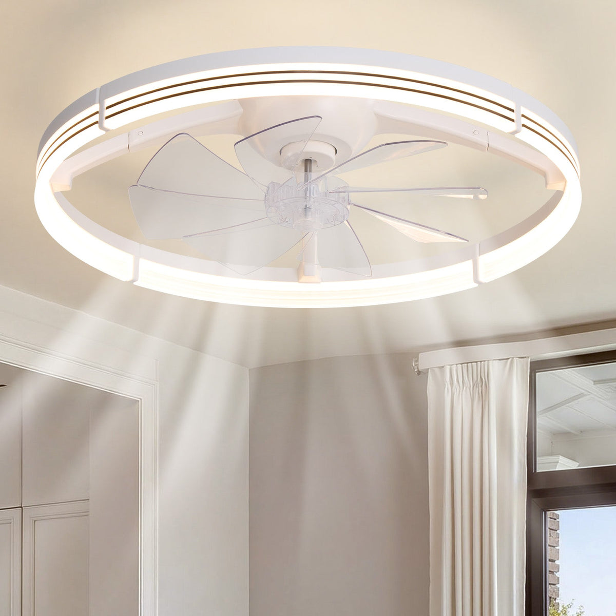 23.6" Modern White Foldable Ceiling Fan with LED Light — white round flush mount body, glowing LED ring, transparent foldable blades, bright modern bedroom with window and natural light | CARRA HOME