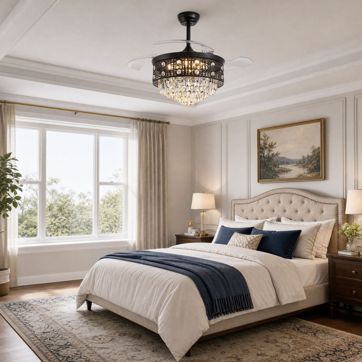 Black crystal ceiling fan in serene bedroom — upholstered headboard, neutral bedding, nightstands with lamps, window with natural light | CARRA HOME