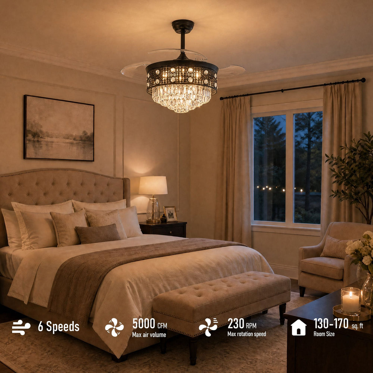 48" Black Crystal Retractable Ceiling Fan features — 6 speeds, reversible DC motor, retractable blades, dimmable LED, remote control, timer, whisper quiet, luxury bedroom setting | CARRA HOME