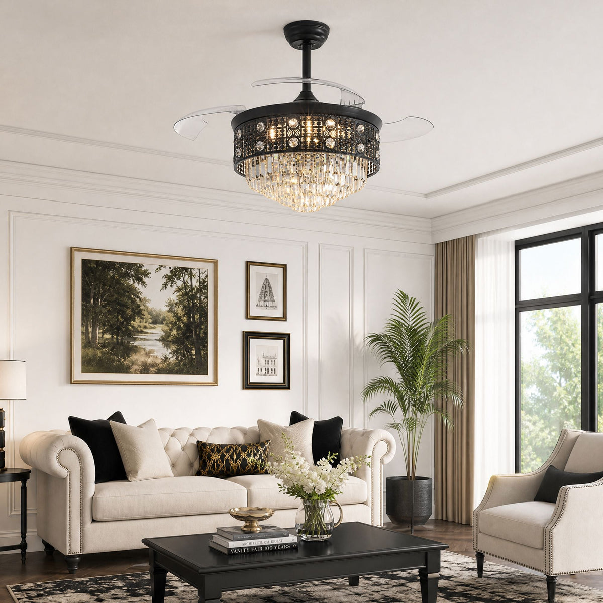 Black crystal retractable ceiling fan in modern living room — beige tufted sofa, armchairs, coffee table, large windows, crystal chandelier accent | CARRA HOME