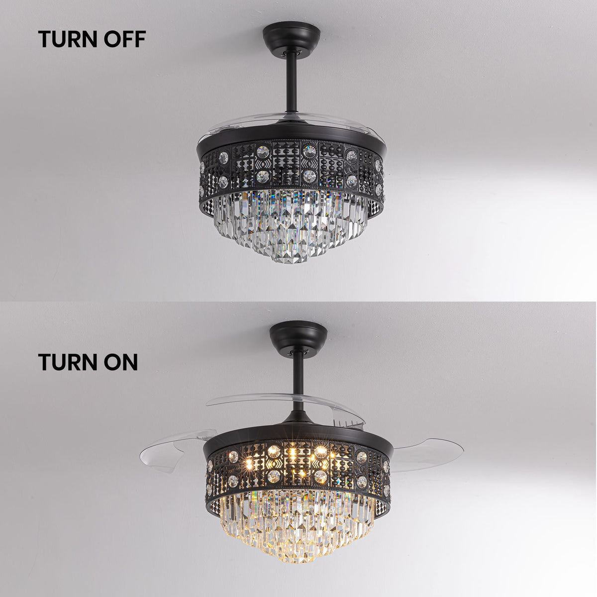 Black crystal ceiling fan TURN OFF vs TURN ON — left blades retracted, fan off with crystal accents visible; right blades extended, warm LED illuminated through crystal pendants | CARRA HOME