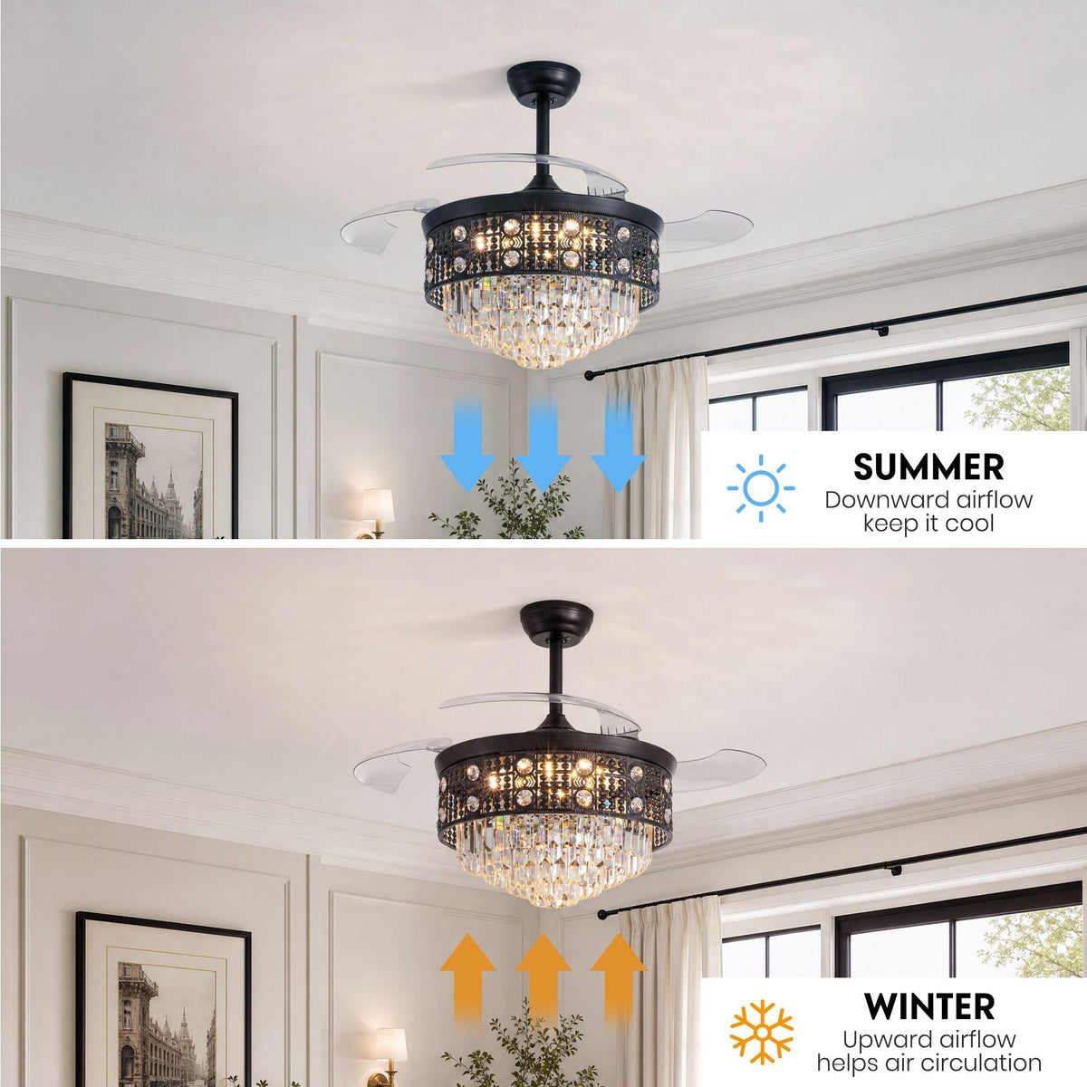 Retractable ceiling fan reversible motor — summer downdraft cooling mode with blue downward arrows, winter updraft air circulation mode with orange upward arrows | CARRA HOME