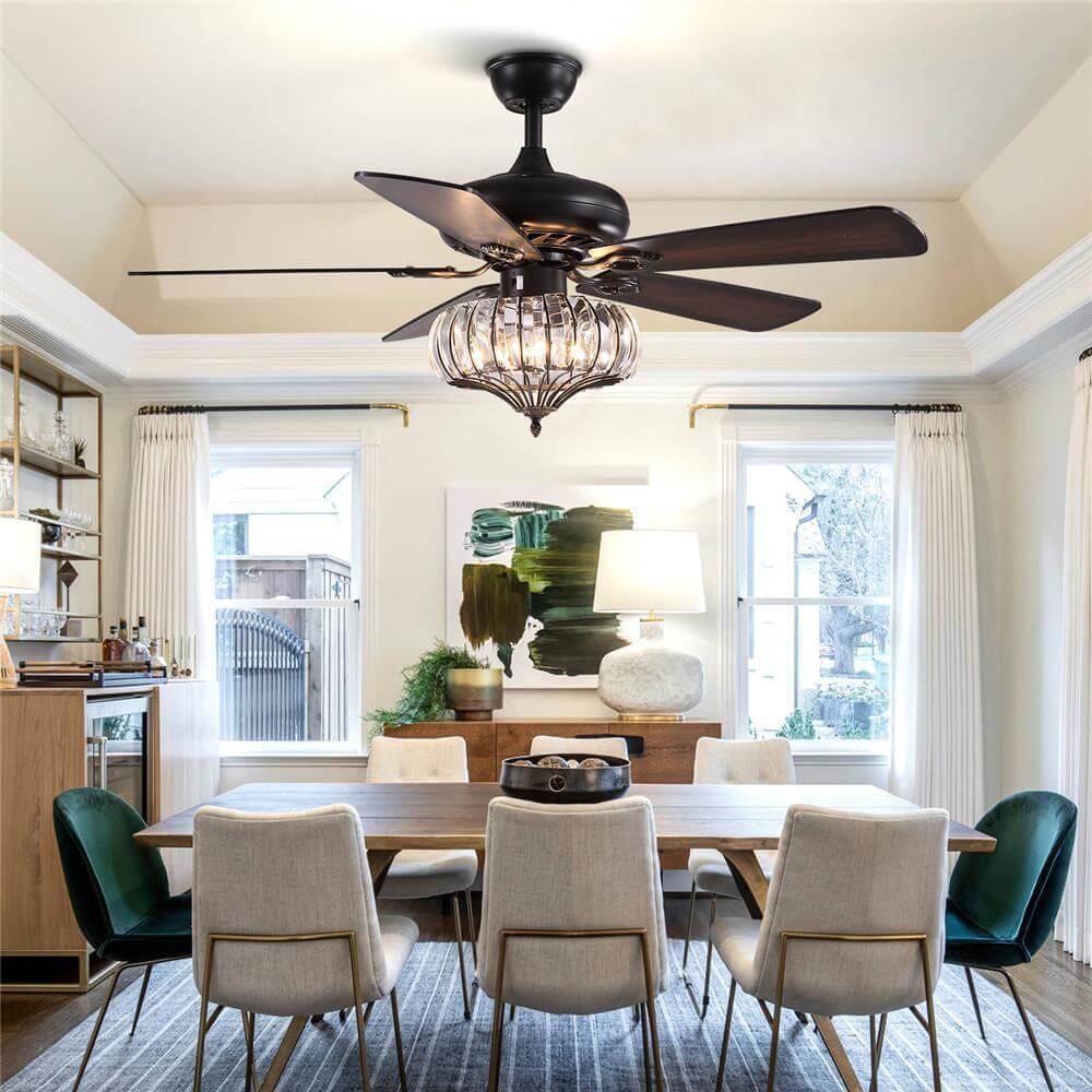 5 - Blade Black Metal Crystal Ceiling Fan With Remote Control