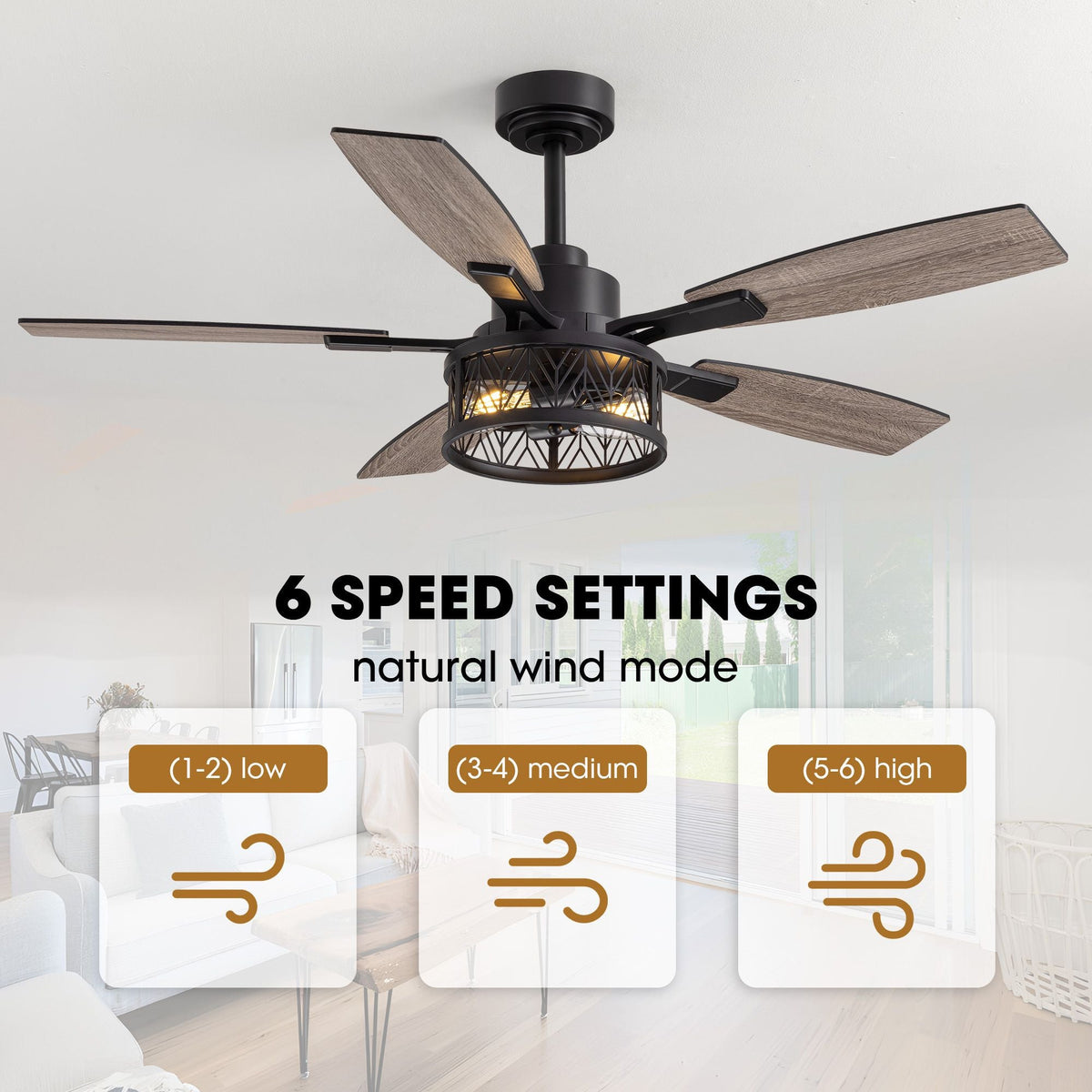 Ceiling fan 6 speed settings natural wind mode — low (1-2), medium (3-4), high (5-6) airflow levels, farmhouse fan close-up | CARRA HOME
