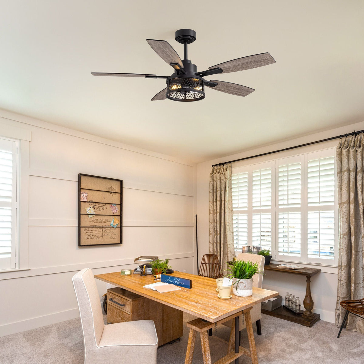 51" farmhouse ceiling fan in home office — wooden desk, white chair, shiplap walls, window with curtains, rustic workspace lighting | CARRA HOME