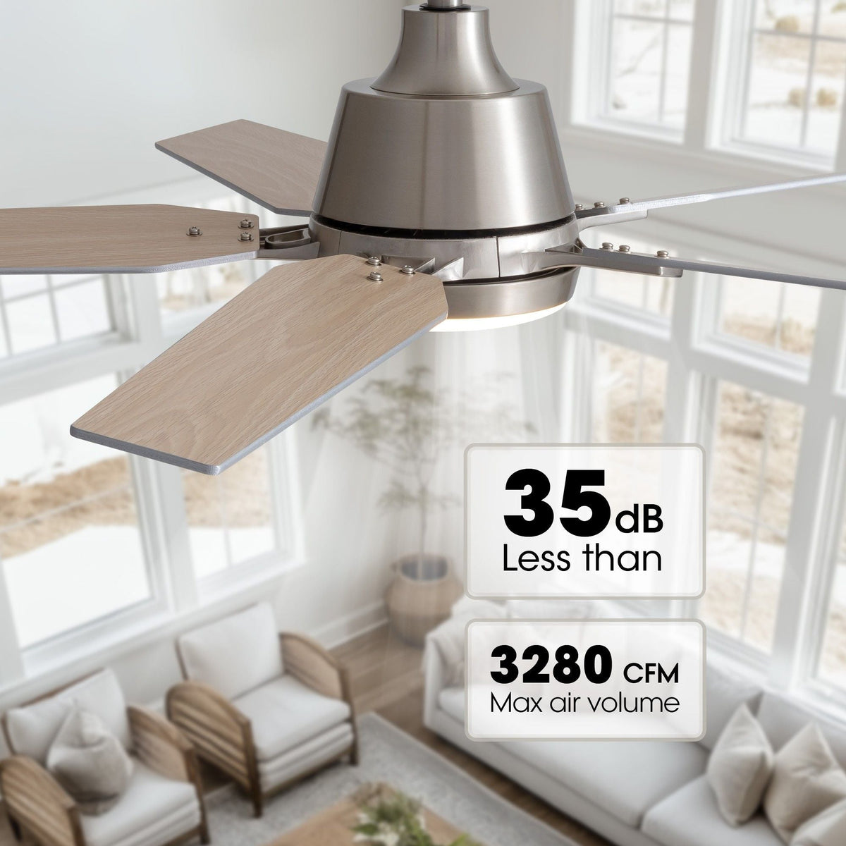 Ultra quiet smart ceiling fan — less than 35dB noise, 3280 CFM max air volume, close-up of brushed nickel motor and wood blade, bright modern living room | CARRA HOME