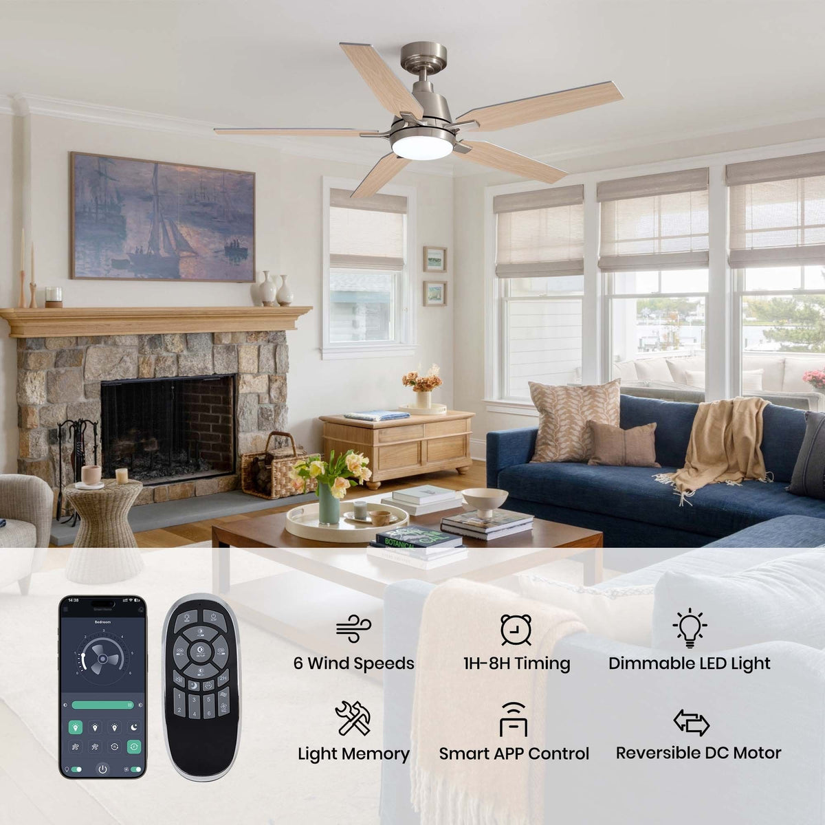 52" Smart ceiling fan features — 6 wind speeds, 1H-8H timing, dimmable LED light, light memory, smart APP control, reversible DC motor, remote and phone app interface, modern living room | CARRA HOME