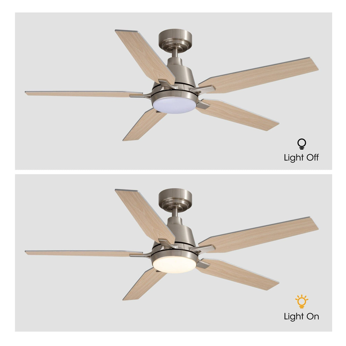 Ceiling fan light off and light on — top fan with light off (white diffuser), bottom fan with warm LED light on, 5 wood blades, brushed nickel housing, gray background | CARRA HOME