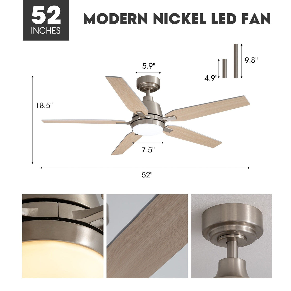 52" Farmhouse Brushed Nickel Smart Ceiling Fan dimensions — 52" diameter, 18.5" height, 7.5" light kit, 5.9" canopy, 4.9"/9.8" downrods included, motor and blade detail insets, flush/angled mount | CARRA HOME