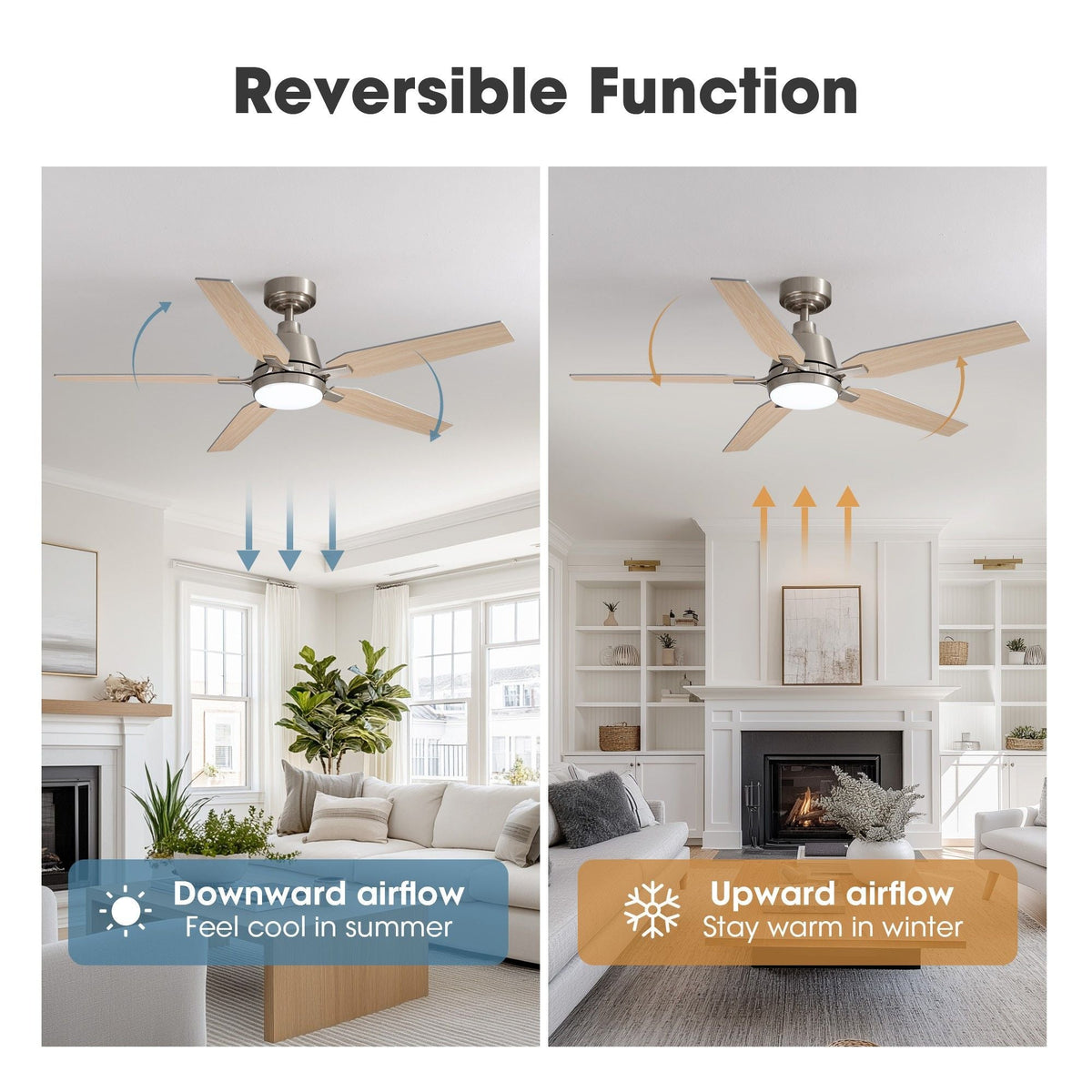 Reversible ceiling fan summer and winter mode — summer forward downward airflow stay cool (blue arrows), winter reverse upward airflow stay warm (orange arrows), living room scene | CARRA HOME