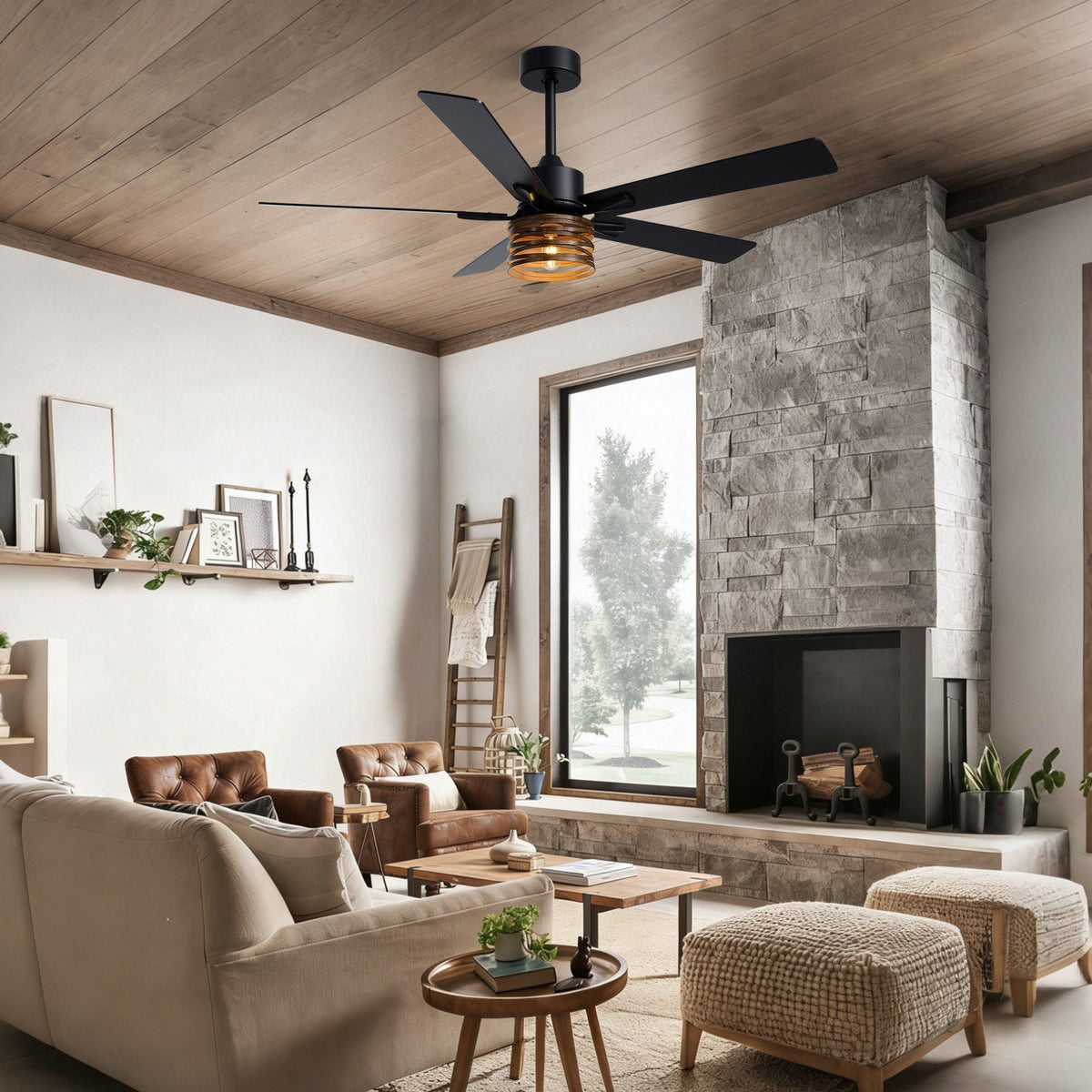 52" farmhouse ceiling fan in living room — beige sofa, cognac leather armchair, wood coffee table, stone fireplace, wood beam ceiling, modern rustic decor | CARRA HOME