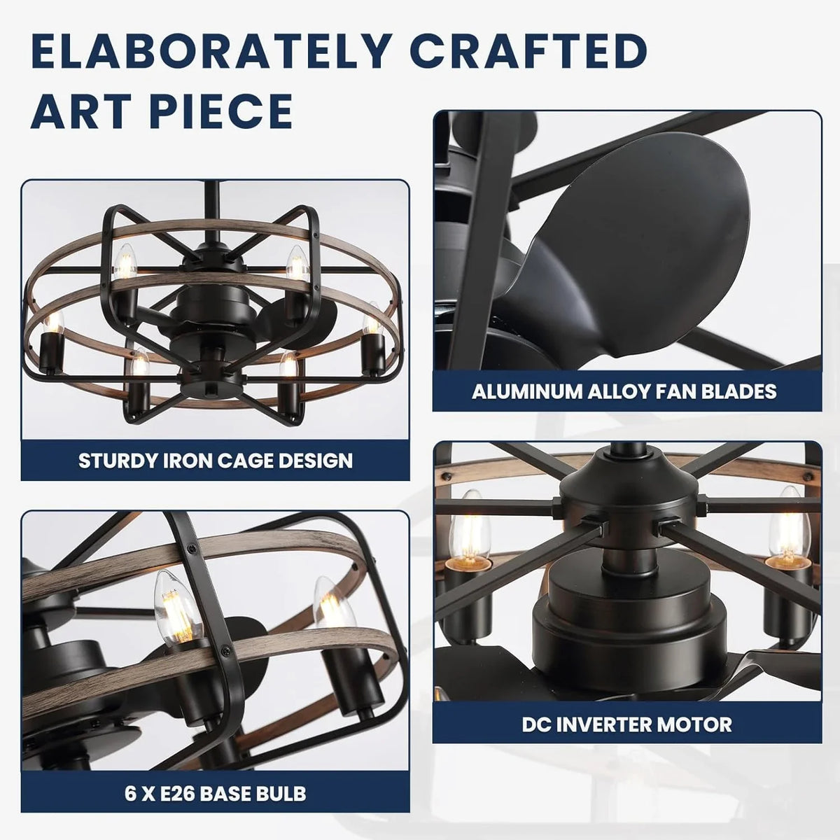 Farmhouse 25 inch Cage Ceiling Fan Light with Remote Control - CARRA HOME