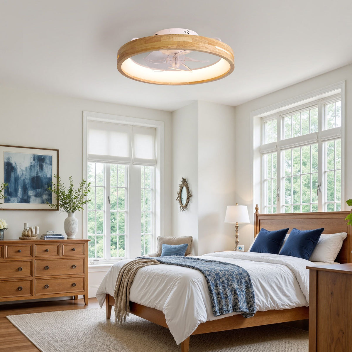 Aeria LED Ceiling Fan in wooden bedroom — natural wood bed frame, blue accents, large windows, calm and airy atmosphere | CARRA HOME